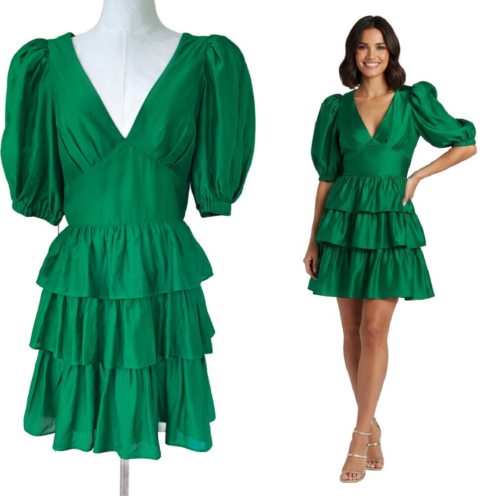 WAYF Tiered Puff Sleeve Mini Dress Size Small Emerald Green Party